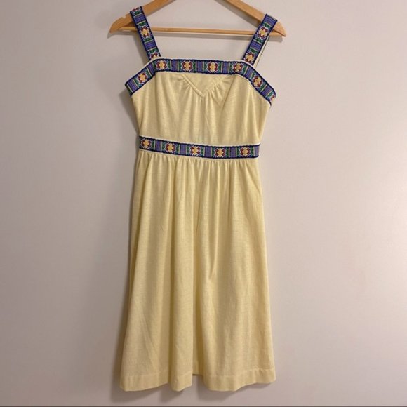 Vintage 70s Pale Yellow Sun Dress with Embroidery - Picture 1 of 9
